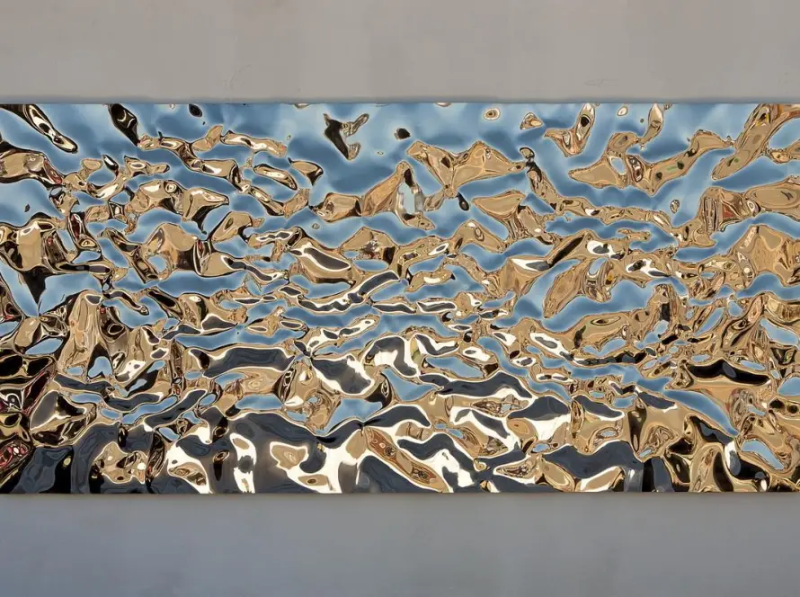 "Landscapes" installed on a neutral wall, viewed from below, emphasising the work's scale and horizon-like bands.